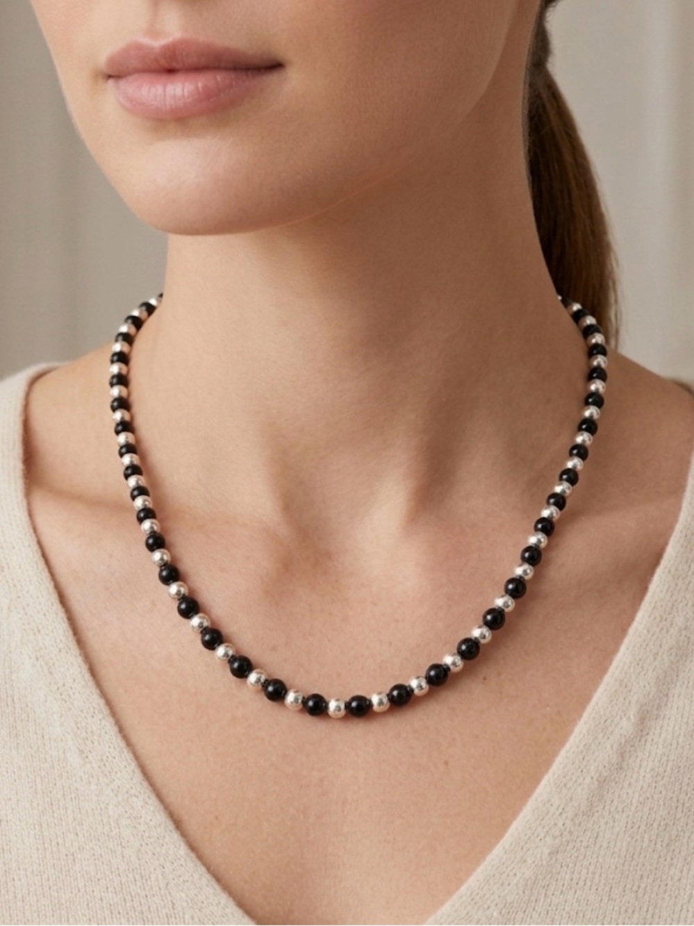 Sterling Silver & Black Onyx Ball Bead Toggle Necklace 17.5”